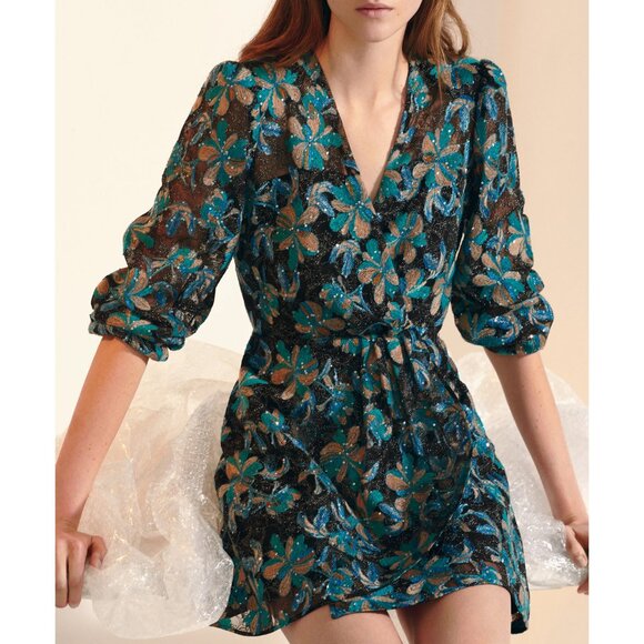 Sandro Bleen Faux-Wrap Mini Tulle Dress Embroidered Sequins EU 42, US 10-12 $445 - Picture 2 of 16